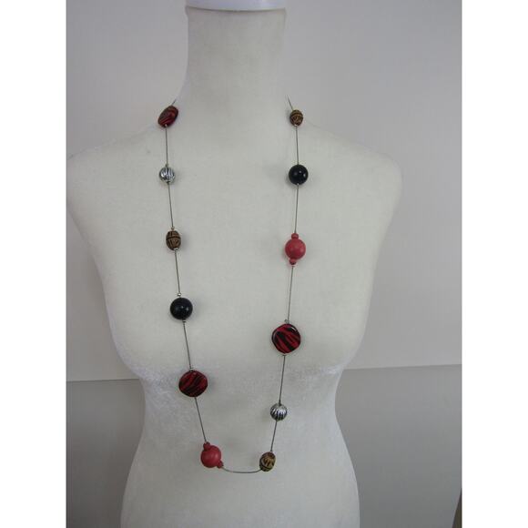 Multi Colored Silver Tone Bead Chain Necklace 34.5" Oval Boho Animal Whimsigoth - Picture 1 of 6